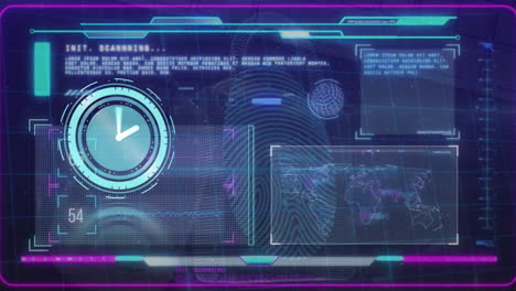 Animation of clock ticking and data processing over screens