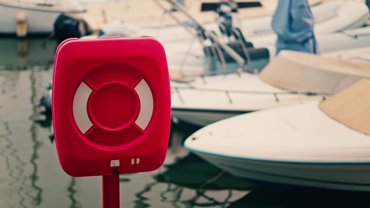 A lifebuoy station located at a harbour beside several docked boats