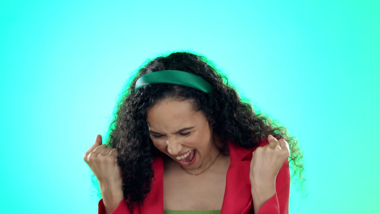 Happy, surprise and woman in studio with wow