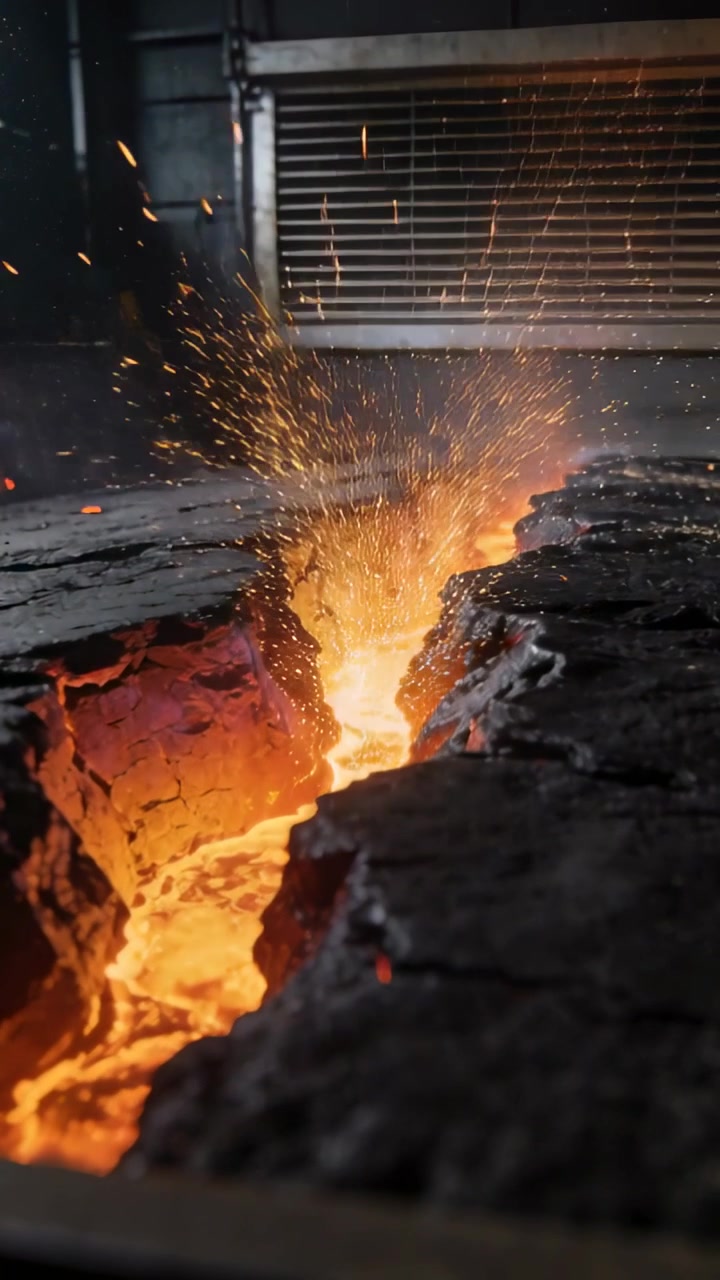 Video verticale: Calore pulsante che fa brillare una crepa di lava ed espellere scintille in officina, porta.
