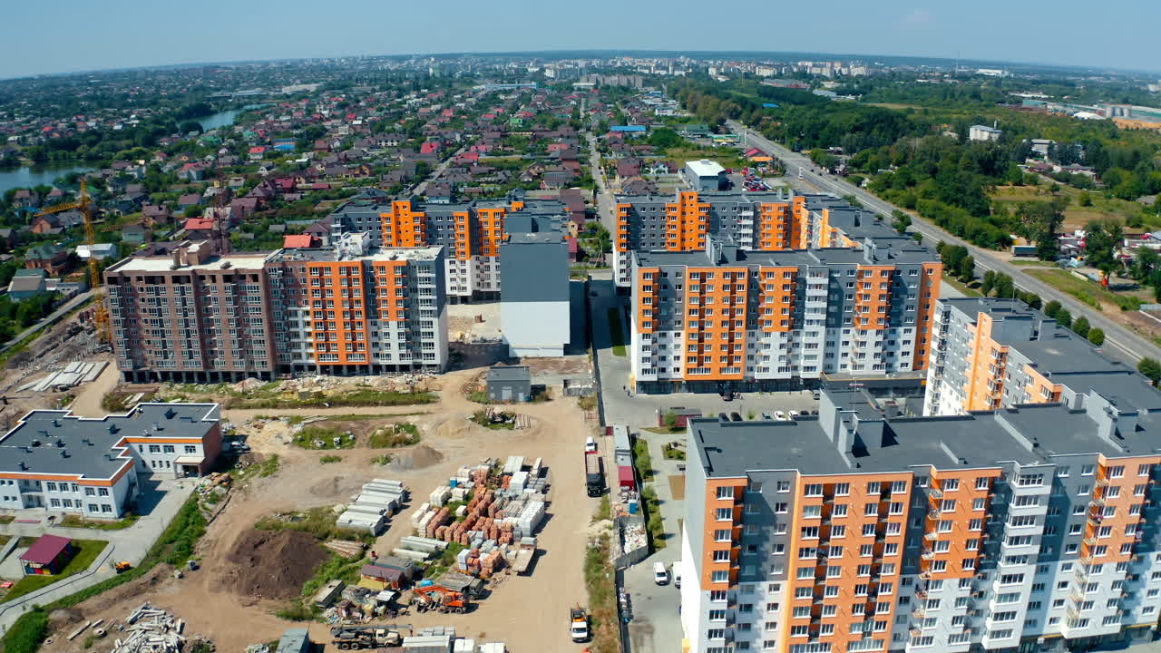 Aerial view architecture. Residential modern cityscape construction. Contemporary new modern town houses building.