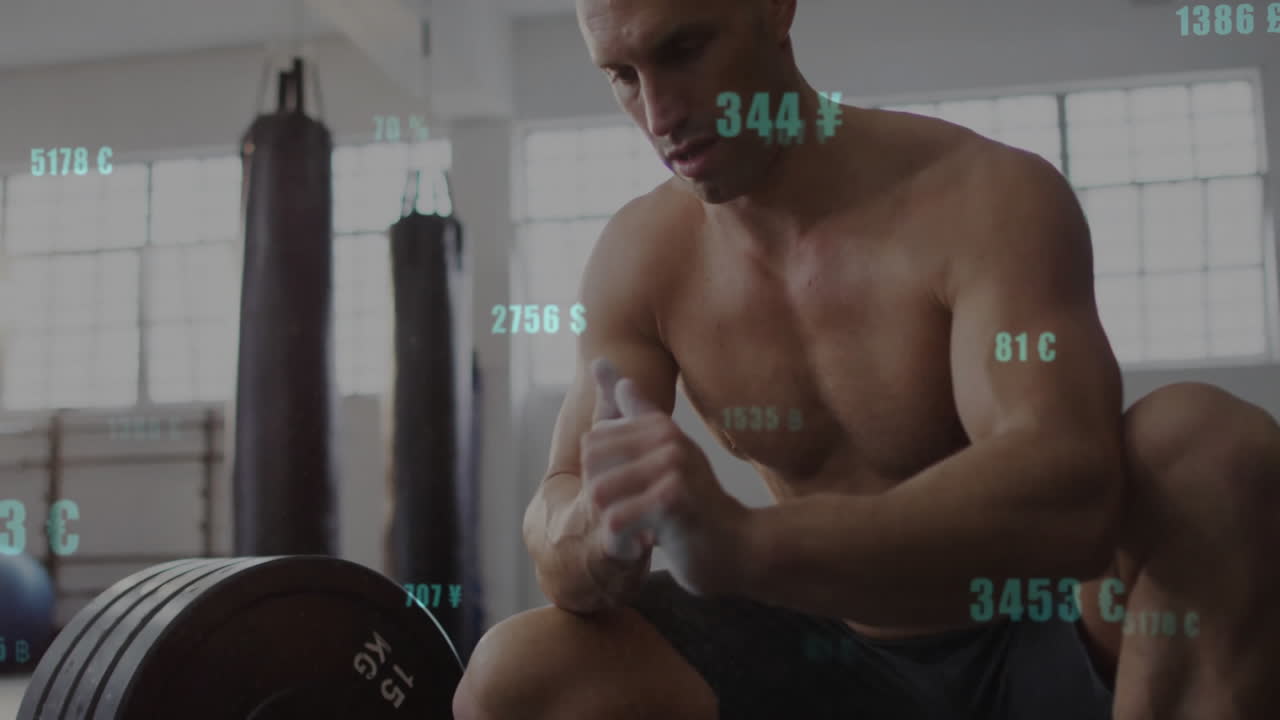 Male athlete chalking hands in gym before lifting loaded barbell, showing floating fitness metrics