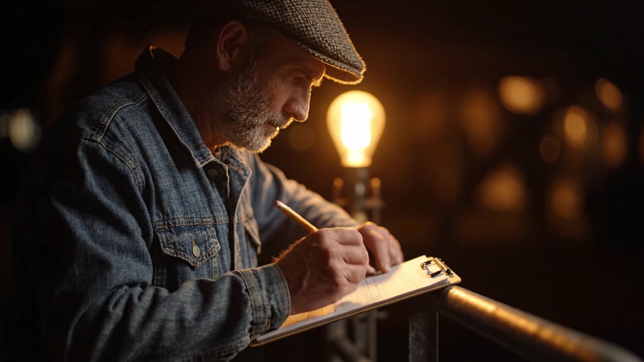 Un artista profondamente immerso nel processo creativo, che disegna intensamente in penombra, cattura l'essenza dell'ispirazione e la gioia dell'arte manuale ad ogni tratto