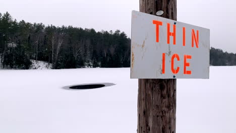 closeup of a thin ice sign in front of a frozen lake