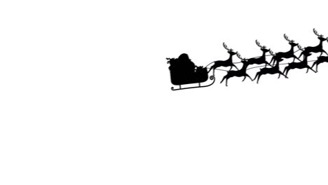 Digital-animation-of-black-silhouette-of-santa-claus-in-sleigh-being-pulled-by-reindeers