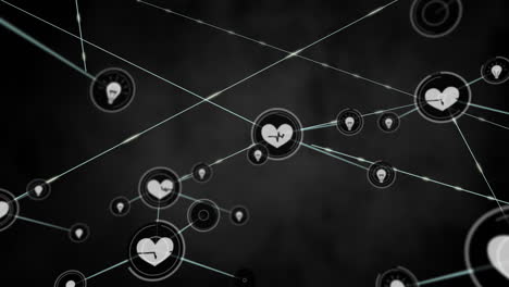 animation of network of connections with heart icons over dark background