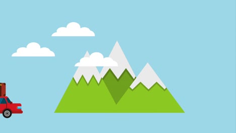 car suitcase mountains clouds travel road trip icons