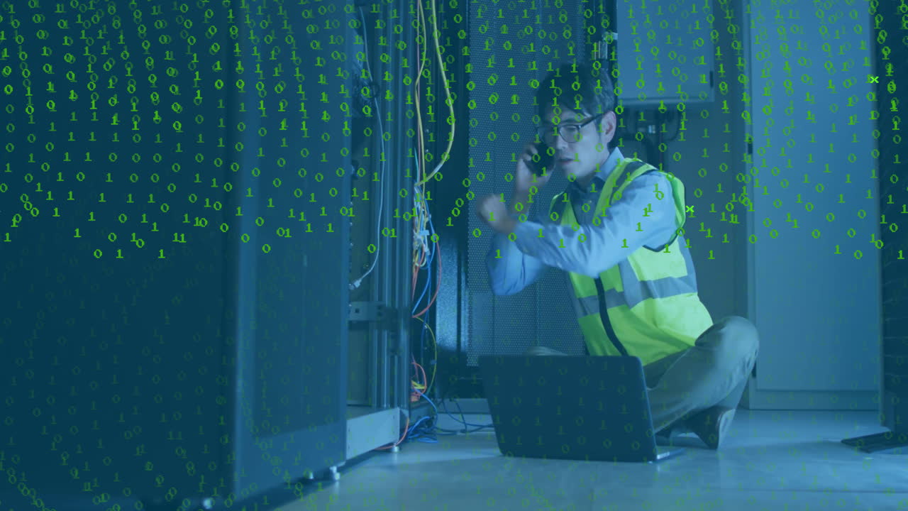 Working on server, technician surrounded by binary code animation in data center