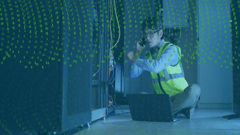 working on server, technician surrounded by binary code animation in data center