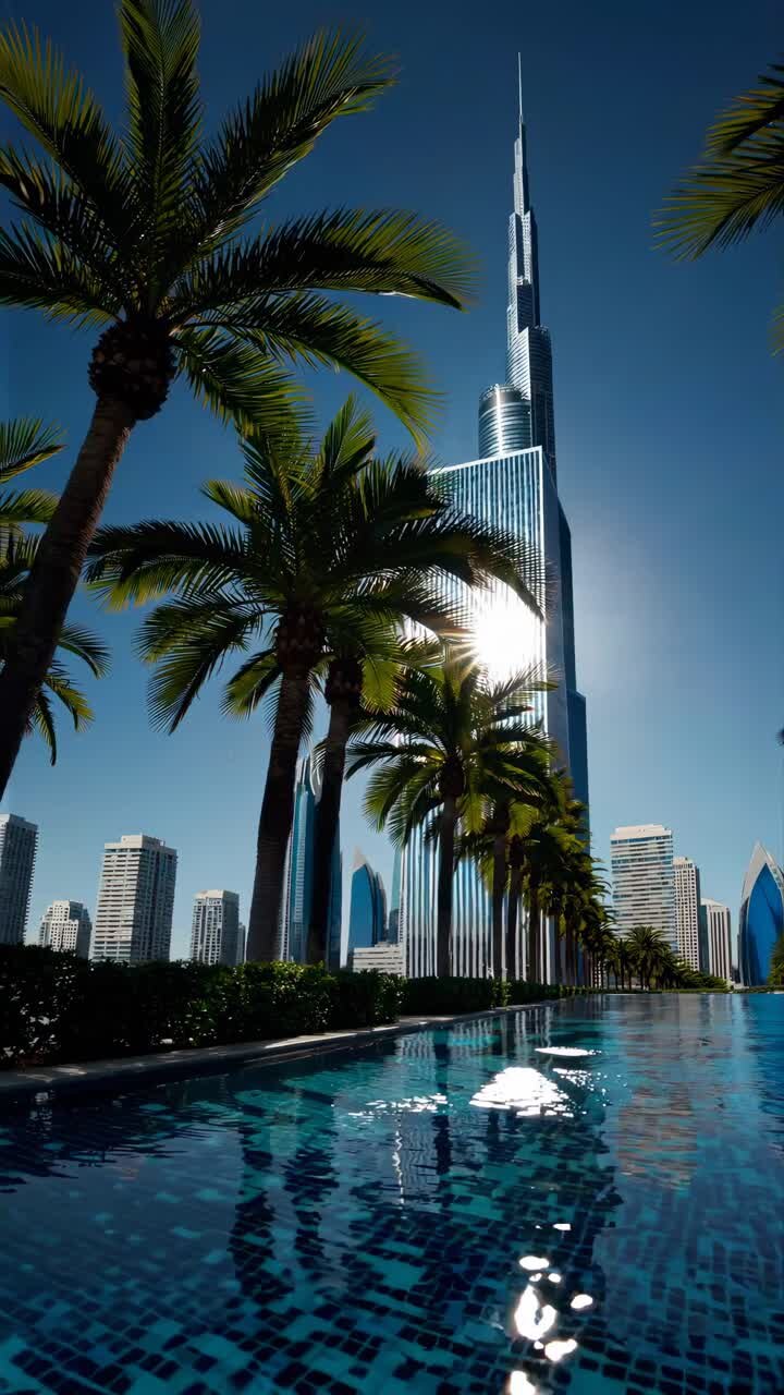 A low-angle video shot captures a modern skyscraper framed by palm trees, reflecting sunlight