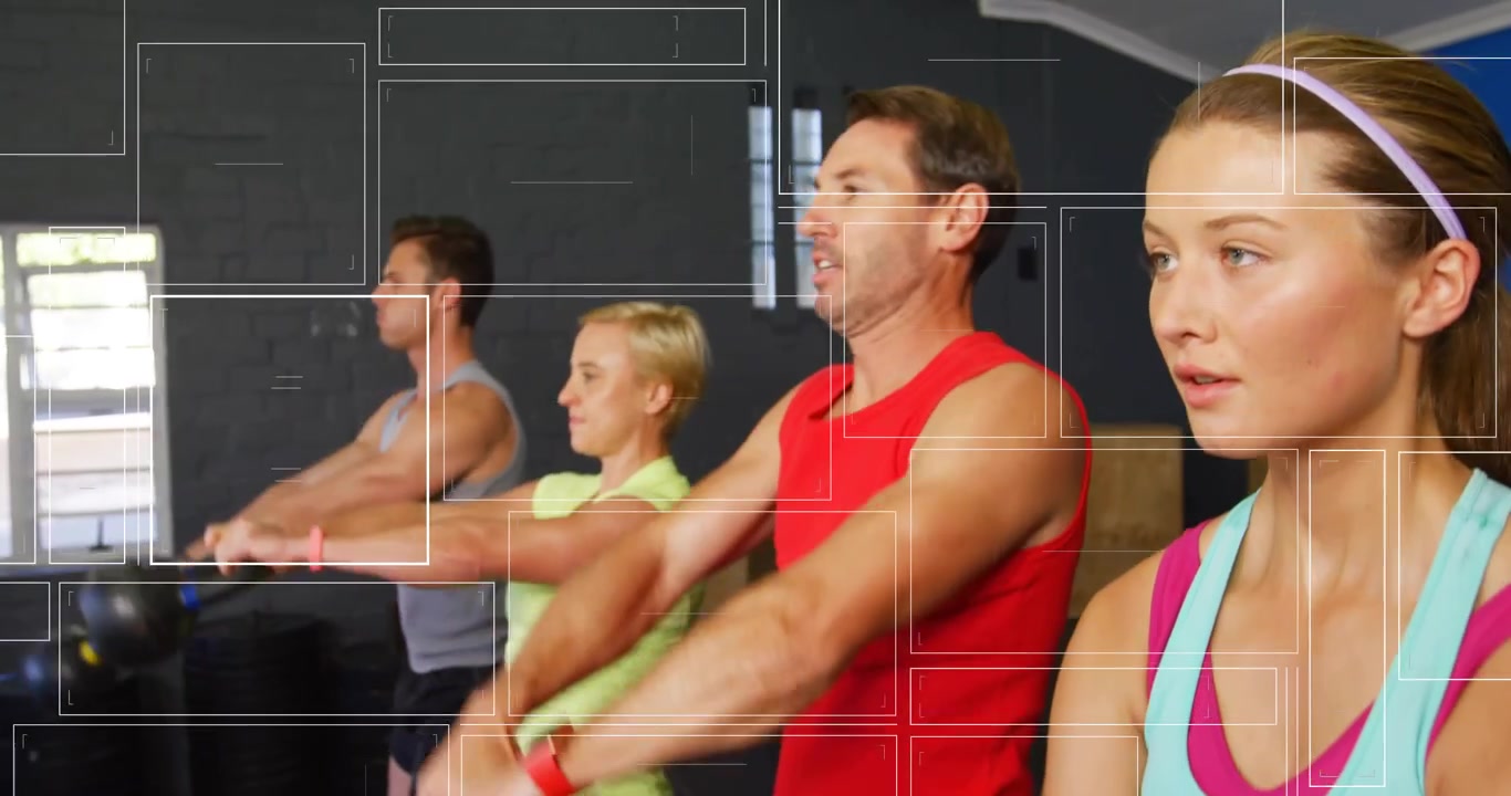 Four fitness partners grasping kettlebells swinging then switching to rowing with animated metrics