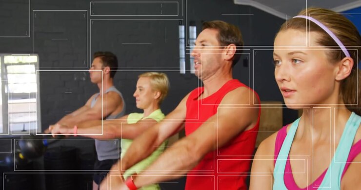 Four fitness partners grasping kettlebells swinging then switching to rowing with animated metrics