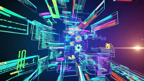 abstract digital interface with data flow and code windows