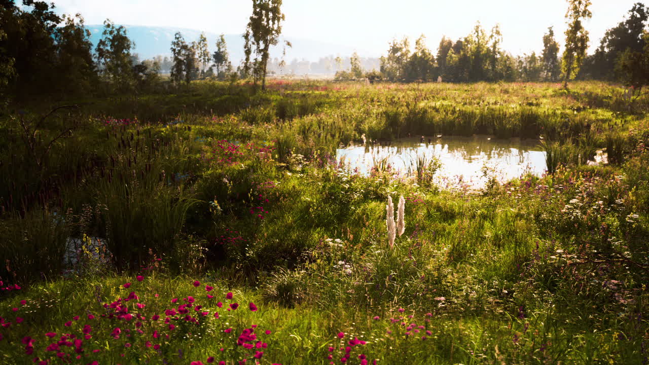 Beautiful Meadow with Flowers and a Small Pond
