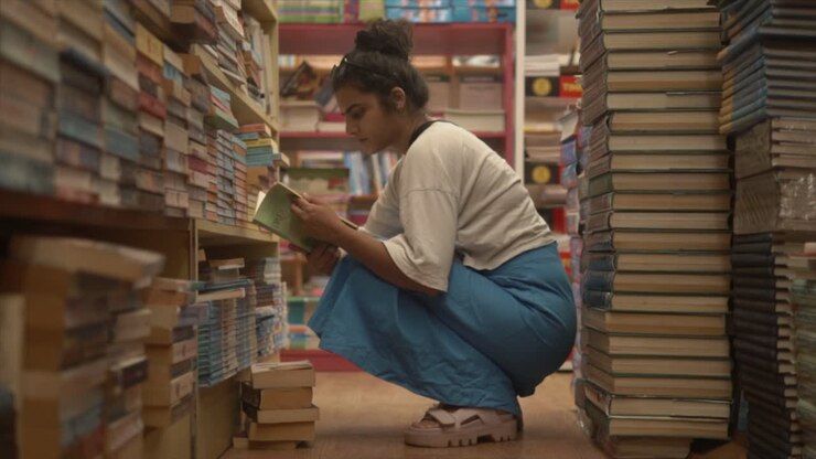 Asian girl sitting and holding a book with thoughtful facial expression in the middle of bookshelves, Side angle shot