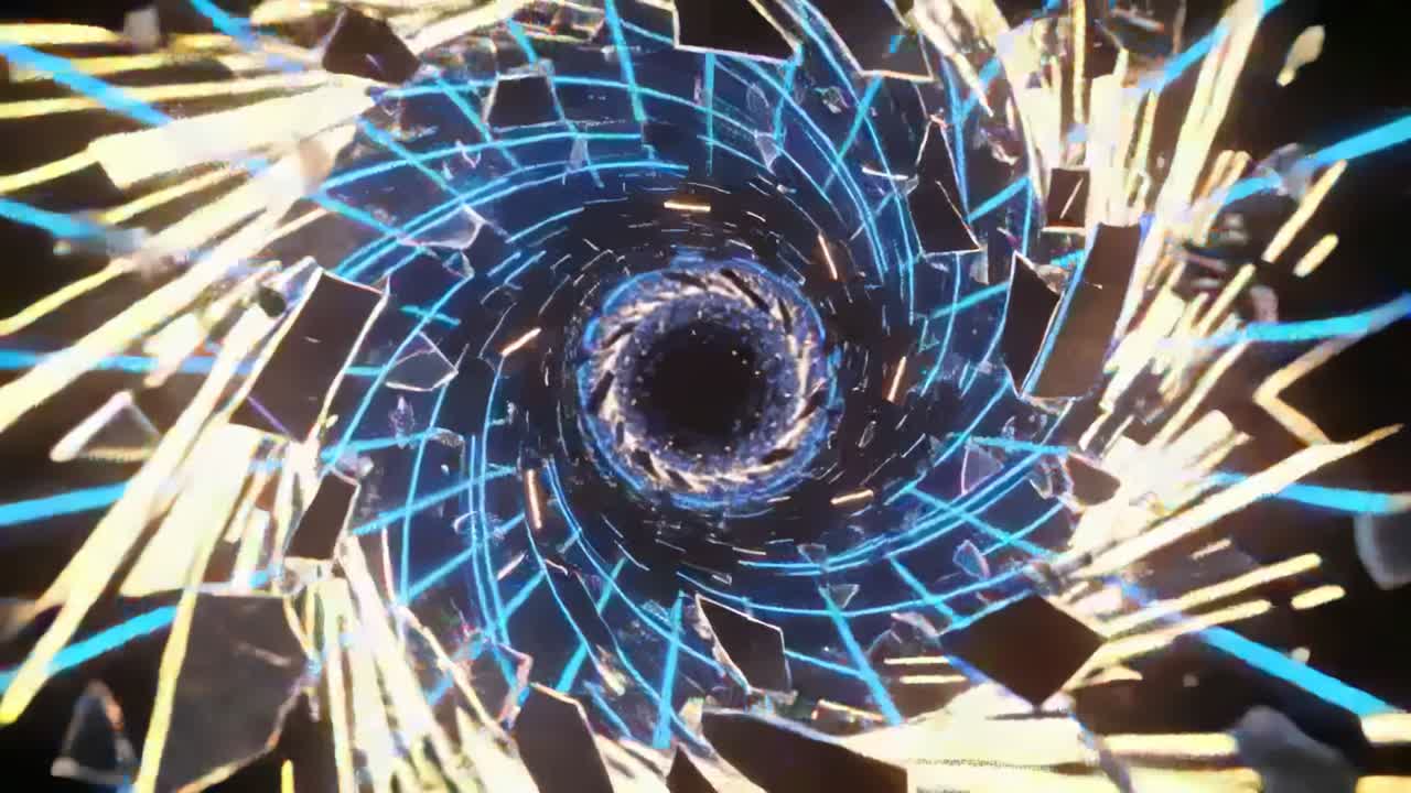 Opening spinning blue grid tunnel in CGI drawing shards golden sparks inward forming dark core
