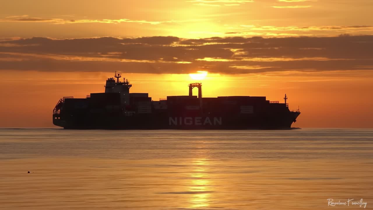 A large cargo ship is silhouetted as it sails across tranquil waters, framed by a breathtaking sunset with vivid colors reflecting on the horizon.
