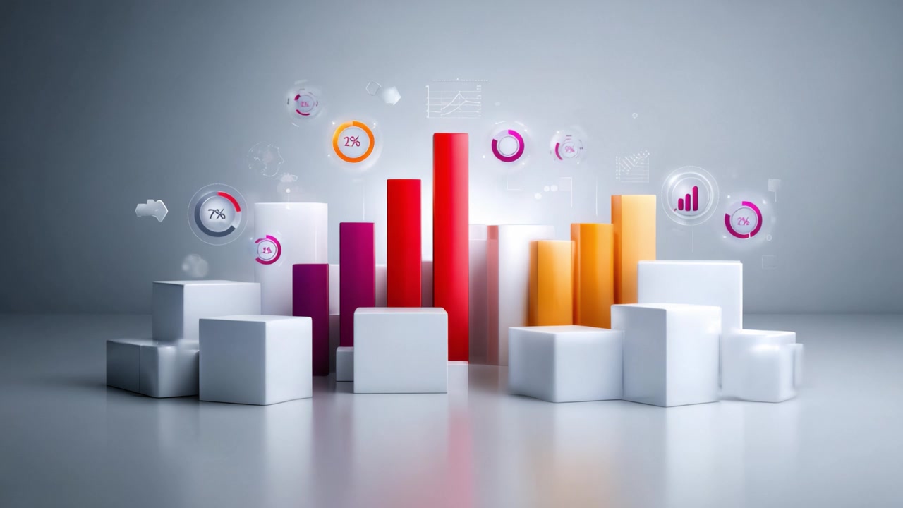 Dynamic Statistical Visualization Representing Data Trends with Colorful Bar Graphs and Digital Elements Illustrating Growth Metrics and Performance Analysis