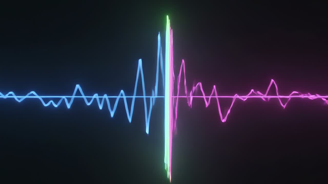 Visualisaatiossa piikikkäät neonväriset aaltomuotojäljet törmäävät kohti keskustaa muodostaen kirkkaan vihreän pulssin.