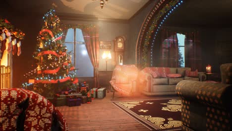 a festive atmosphere on christmas eve with a festive christmas tree, presents and garlands when there's a blizzard outside. the looped animation is ideal for christmas and new year's eve backgrounds.