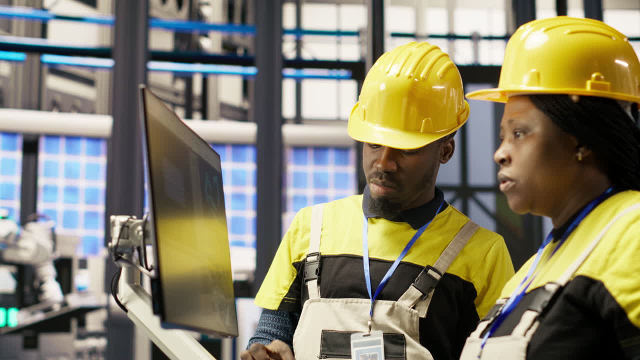 Vertical video Smart factory manager overseeing work done by engineer calibrating machinery