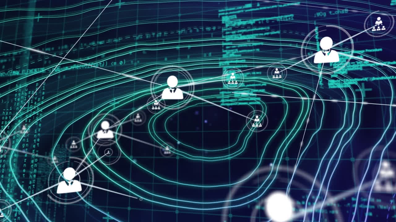 animación de la red de conexiones con iconos sobre el procesamiento de datos