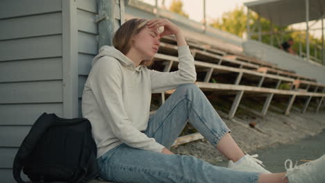 lady in jeans with thoughtful expression, hand resting on head, seated in stadium bleachers, background shows blurry figure moving in the stadium seat