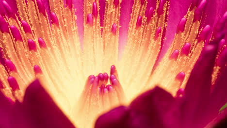 pink sensation water lily burst into flower, revealing beautiful color stamen in macro, time lapse of flower opening