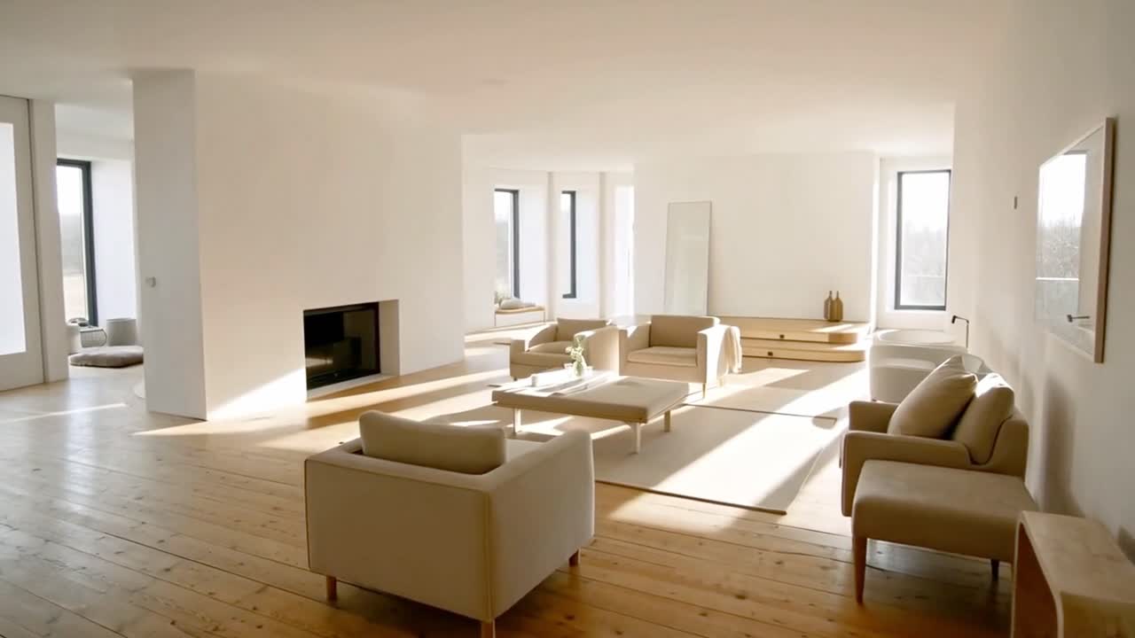 Ein helles, modernes Wohnzimmer mit minimalistischer Einrichtung