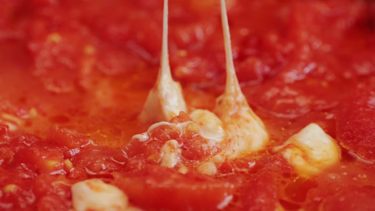 Cooking fresh peeled canned tomato Juice sauce with mozzarella cheese in pan, peeled tomatoes boiling in their own juice, making tomatoes pasta sauce .Top view close up, Italian traditional cuisine food.