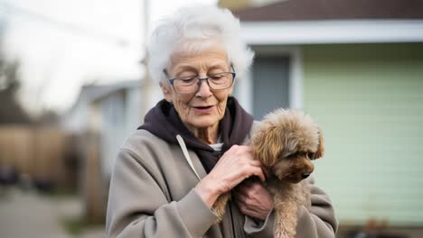 happy elderly woman smiling while holding her small brown dog, enjoying a peaceful moment outdoors in a residential neighborhood filled with warmth and companionship