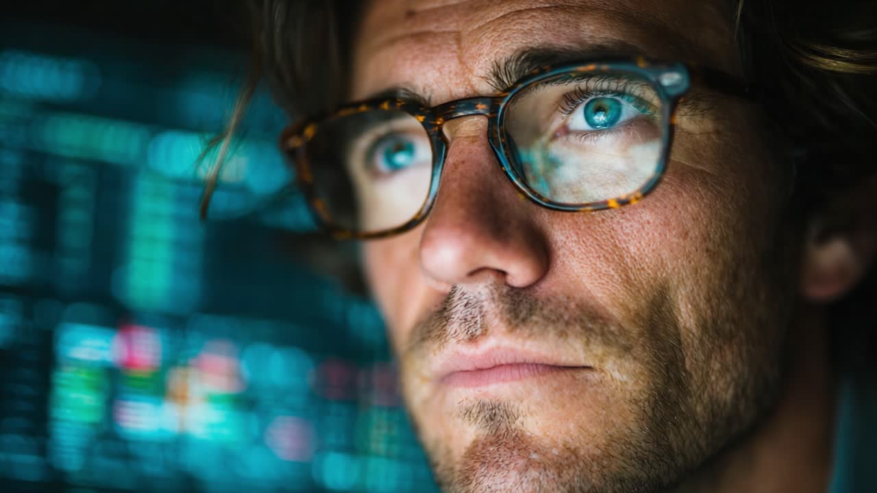 Focused Individual Analyzing Complex Data on a Screen: Close-Up Portrait Capturing Concentration and Engagement in a Modern Analytical Environment