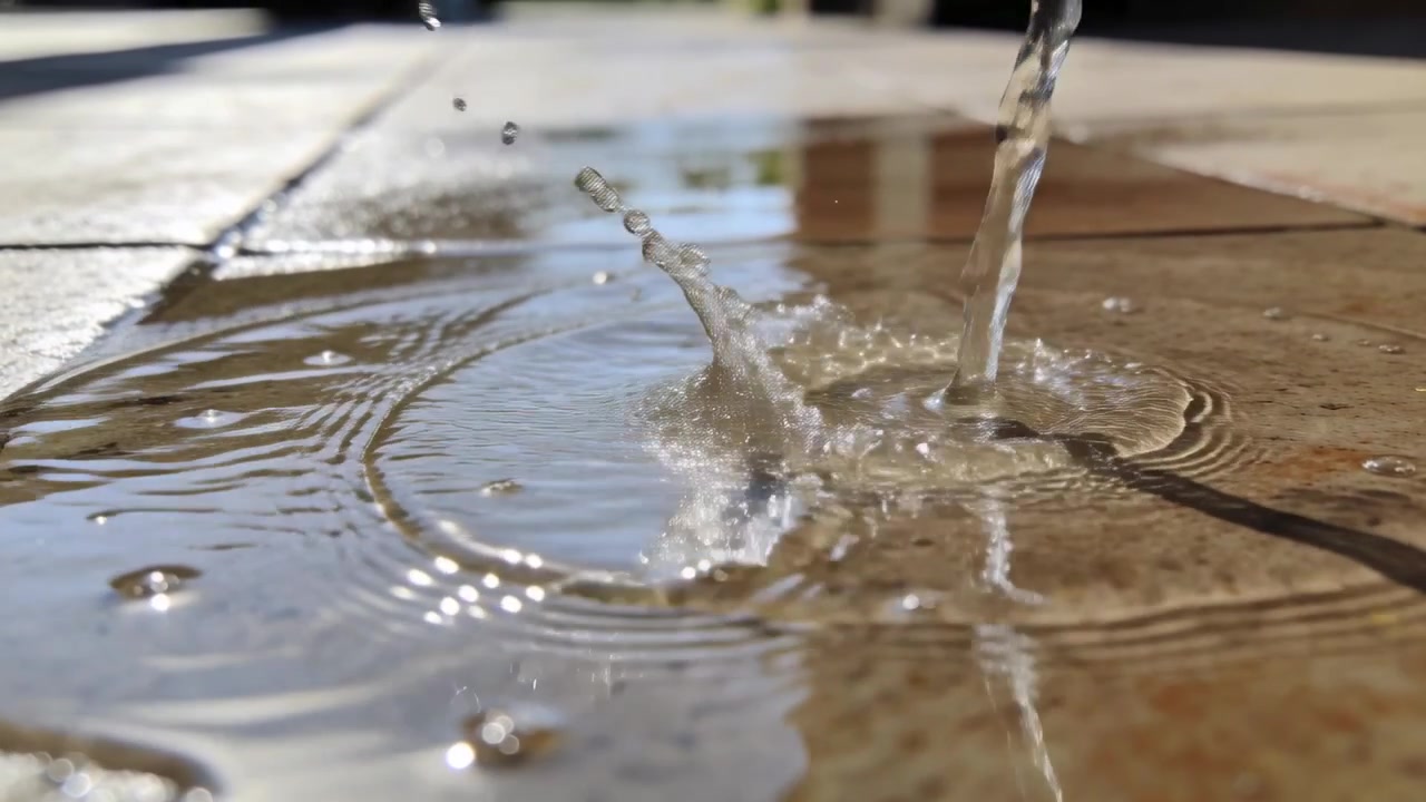 Starting steady stream from hose striking patio tile, feeding puddle and creating crown splash