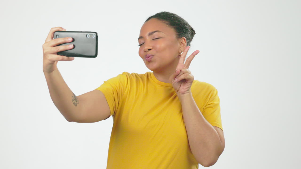 Happy woman, peace sign and selfie smile for vlog