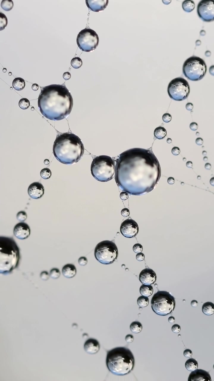 Video vertical: Cámara panorámica revelando una telaraña con gotas de rocío contra el cielo, reflejando follaje.