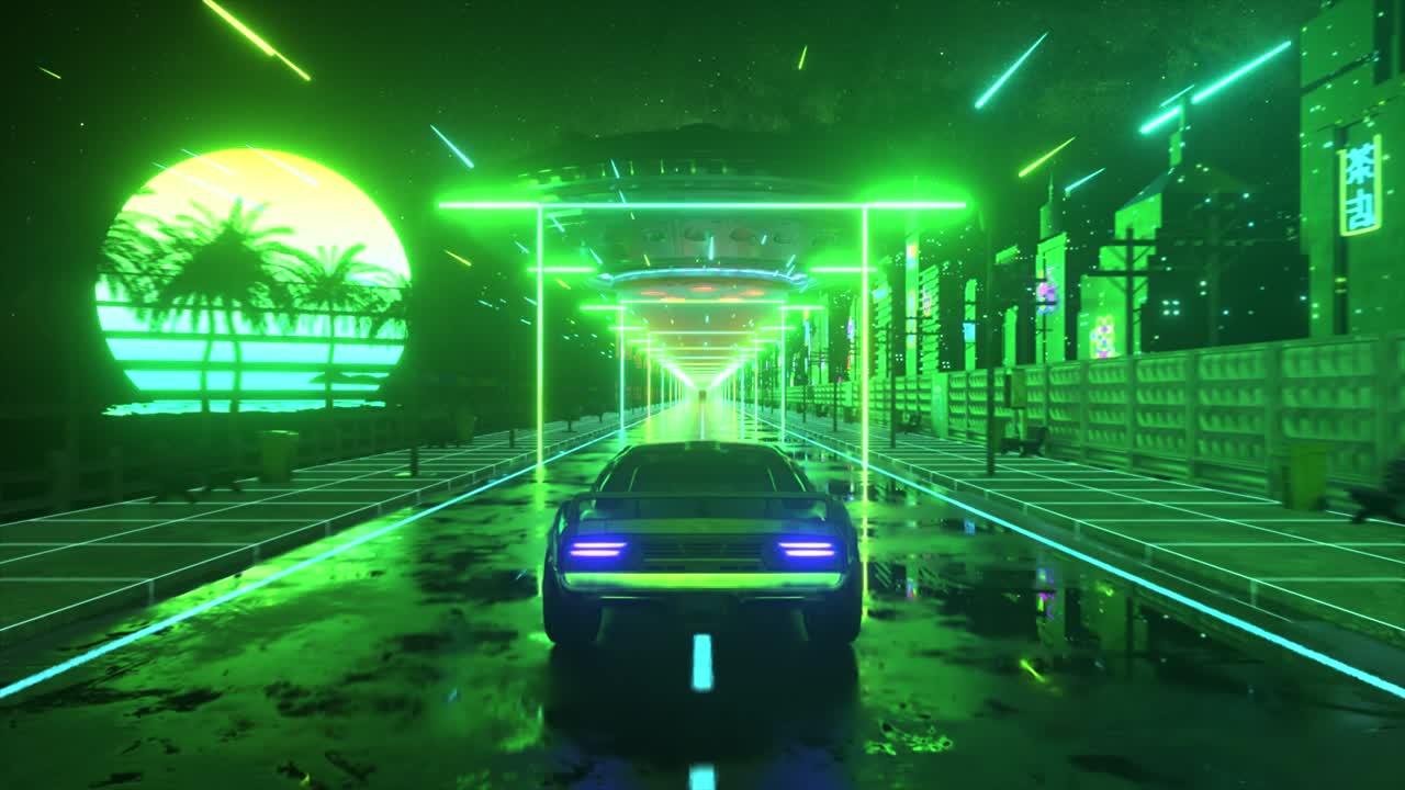 네온 스타일의 자동차와 도시: 80년대 레트로 웨이브 배경, 네온 도시를 가로질러 레트로 퓨처리즘 자동차 드라이브, 시엄리스 루프의 3d 애니메이션