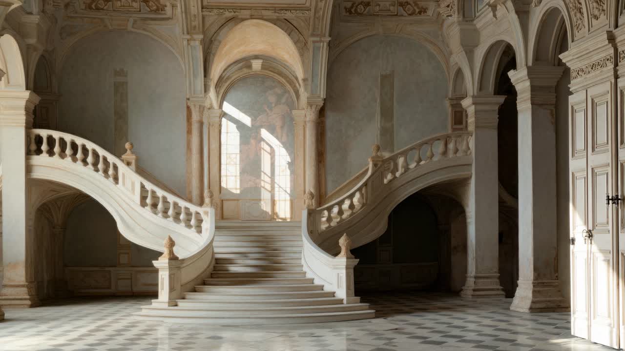 Elegante escalera barroca en un gran vestíbulo, capturada desde un ángulo bajo, mostrando simetría y luz