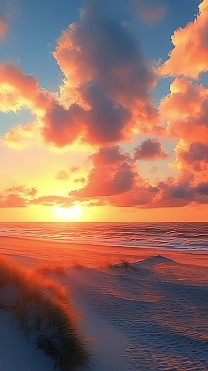 Beautiful sunset over coastal lighthouse. A vibrant sunset illuminates a coastal lighthouse, casting warm colors across the sand and ocean waves.