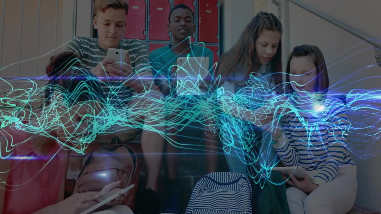Teal-blue wave appearing and moving across stairs as students tapping devices, highlighting network