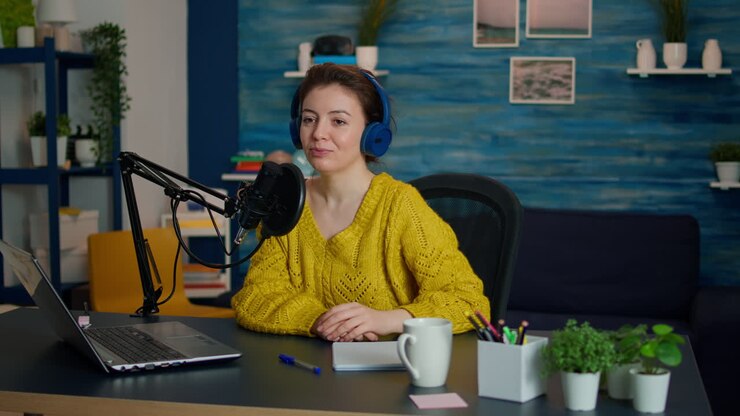 Blogger che parla della sua vita durante un podcast in uno studio domestico