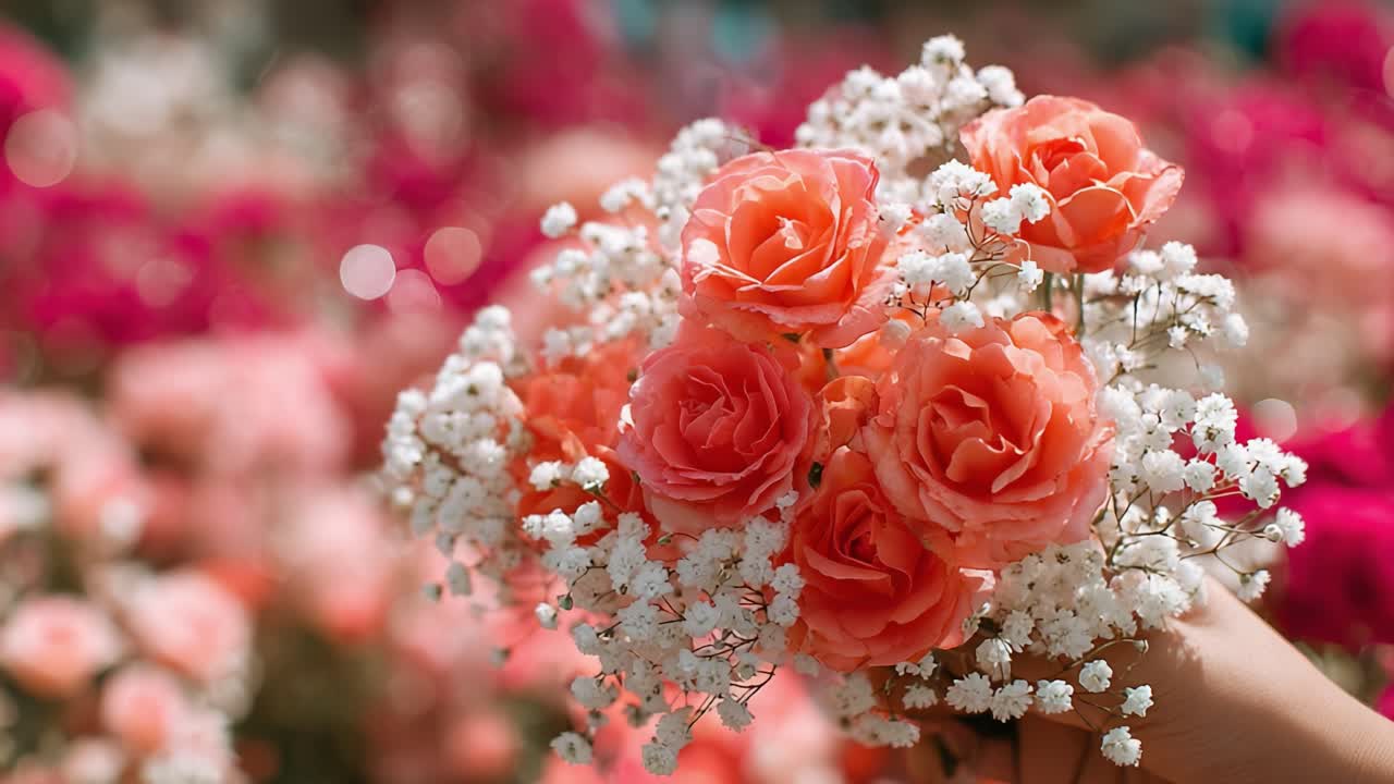 A Beautiful Bouquet of Coral Roses Surrounded by Delicate Baby's Breath, Radiating Color and Life in a Vibrant Floral Garden Setting
