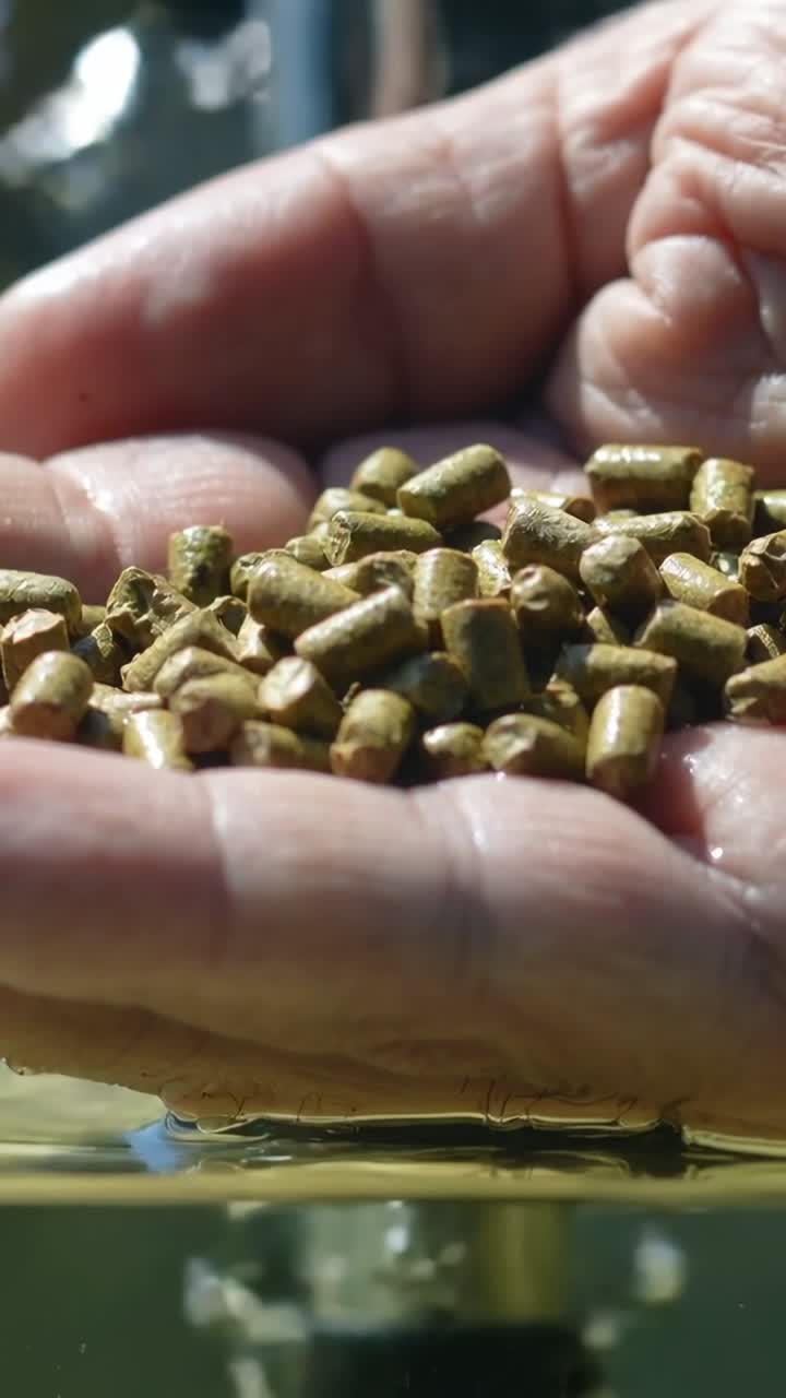Video verticale: Telecamera che riprende una mano che tiene a coppa e regola i pellet sopra un serbatoio per l'esposizione, mostrando una valvola