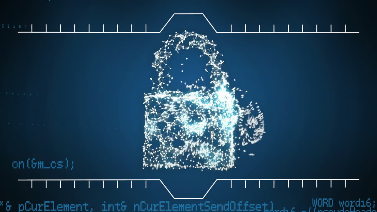 Animation of padlock icon and digital data processing over grid