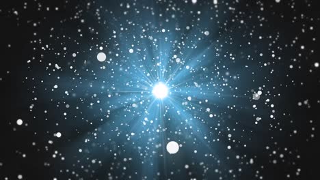 animación de la nieve de navidad cayendo sobre un reflector pulsante brillante sobre un fondo negro.