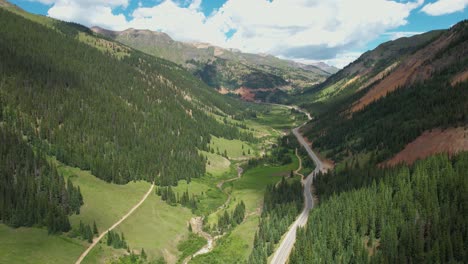 drone shot of million dollar highway and green landscape of colorado countryside usa on sunny summer day