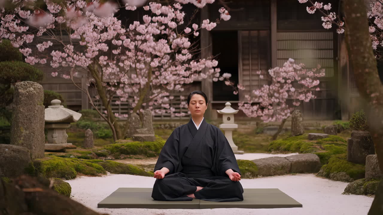 Woman Meditating in a Japanese Zen Garden with Cherry Blossoms