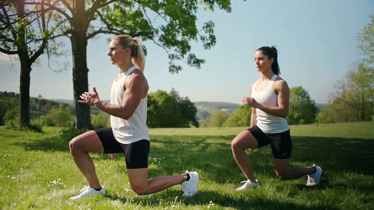 Walking briskly two women lunging and stepping across grassy park for training, wearing white tops