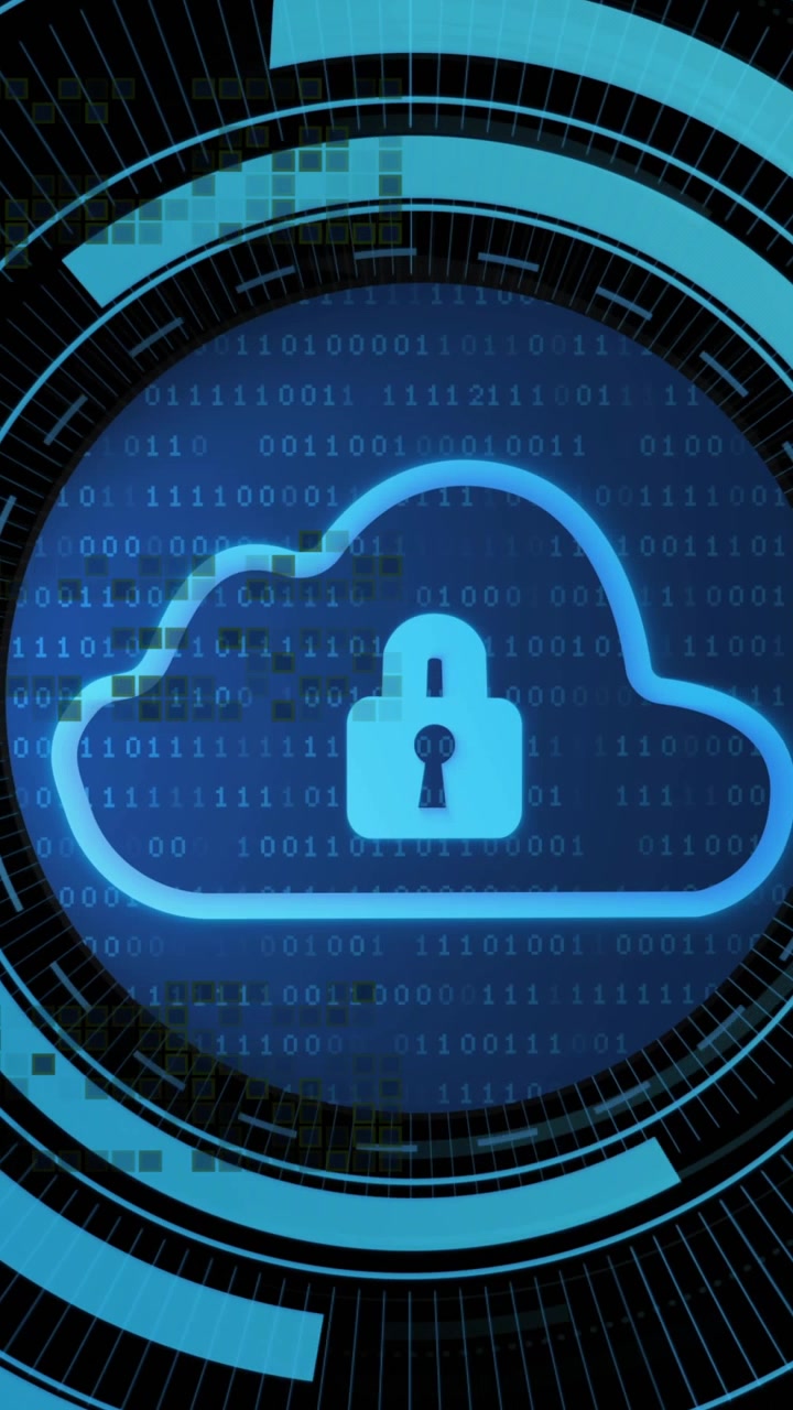 Vertical video: Pixel trail glowing blue-neon cloud padlock emerging rings rotating securing data