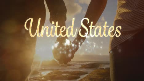 united states text and couple by the beach 4k