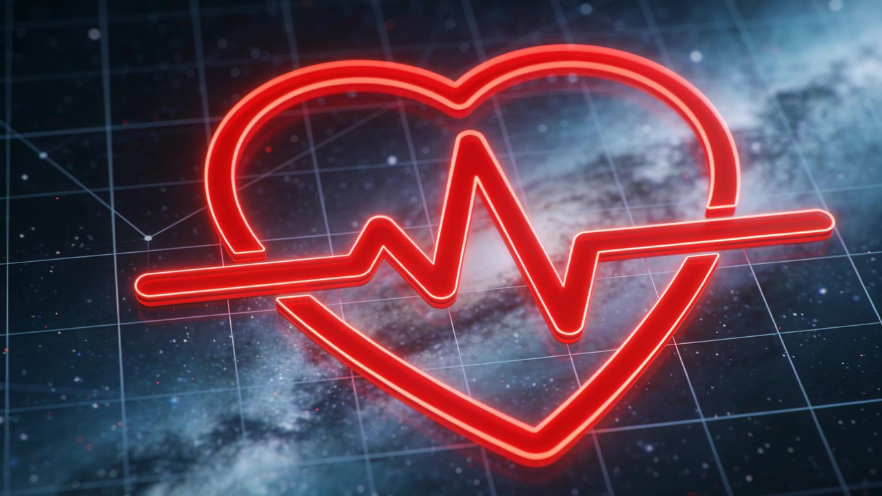 Coração de néon vermelho pulsante com onda de ECG, brilhando sobre uma grade escura, mostrando o ritmo.